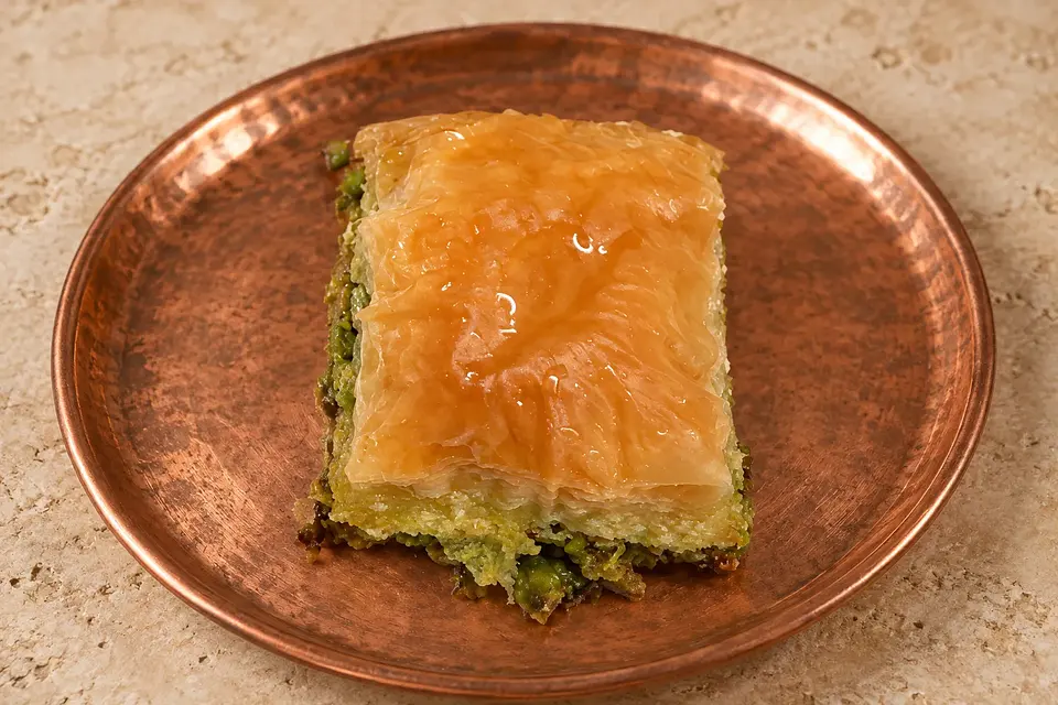 Grand Baklava dilimi, bakır sunum yüzeyinde.
