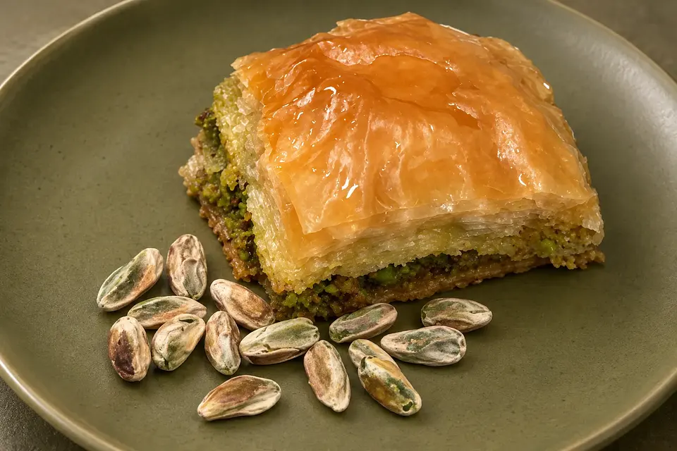 Grand Baklava dilimi ve boz iç fıstık, yeşil seramik sunumunda.