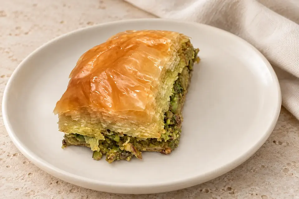 Grand Baklava dilimi, sade keten ve taş sunumunda.