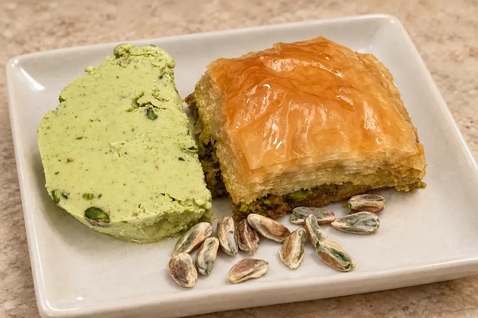 Açık renk seramik üzerinde baklava ve yanında fıstıklı dondurma; sunum önerisi.