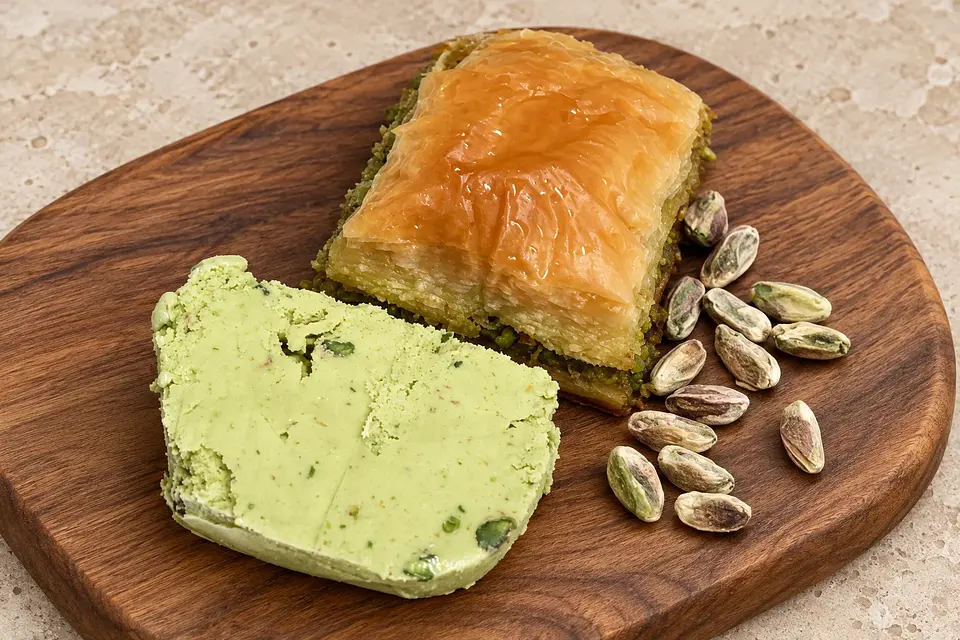 Ahşap üzerinde baklava ve yanında fıstıklı dondurma; sunum önerisi.
