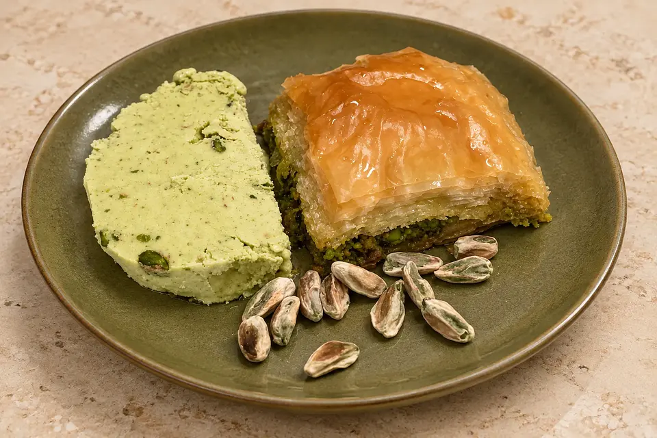 Yeşil seramik üzerinde baklava ve yanında fıstıklı dondurma; sunum önerisi.