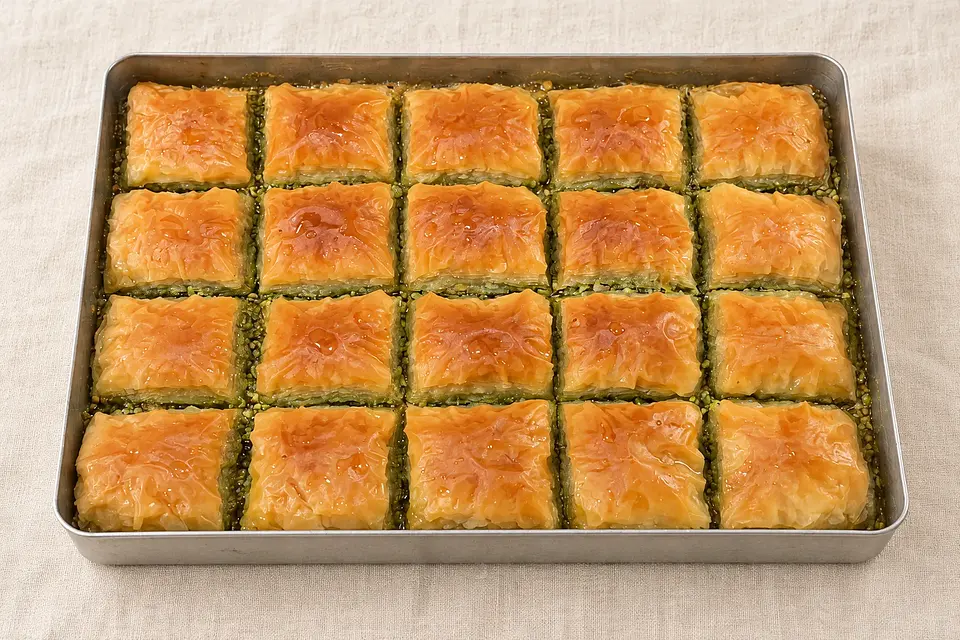 Keten üzerinde 20 dilimlik, 35 × 25 cm dikdörtgen baklava tepsisi.
