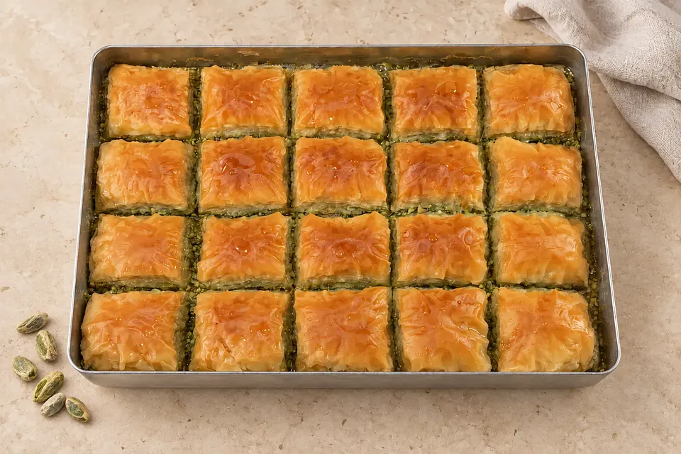 Açık taş üzerinde 20 dilimlik baklava tepsisi ve boz iç fıstık.