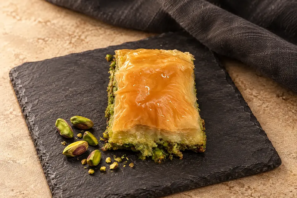 Baklava dilimi, koyu taş sunumunda.