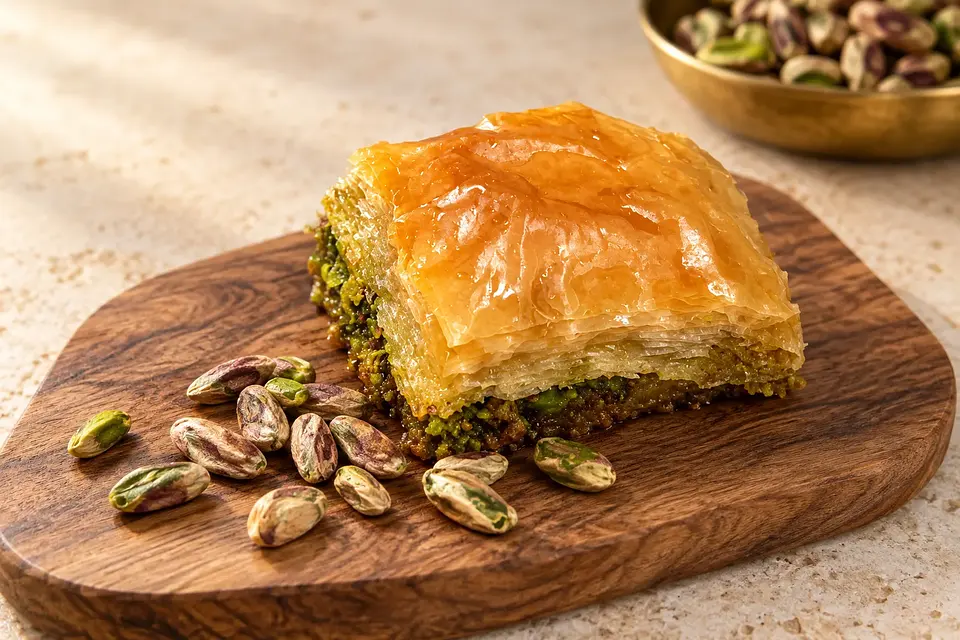 Baklava dilimi, ceviz ağacı sunum tahtasında.