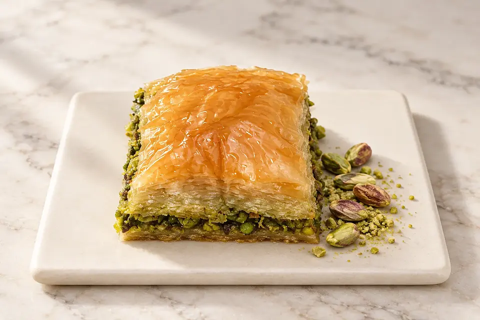 Baklava dilimi, açık renk mermer sunumunda.