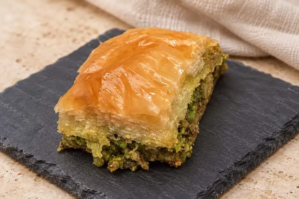 Büyük bir Grand Baklava dilimi, koyu taş üzerinde.