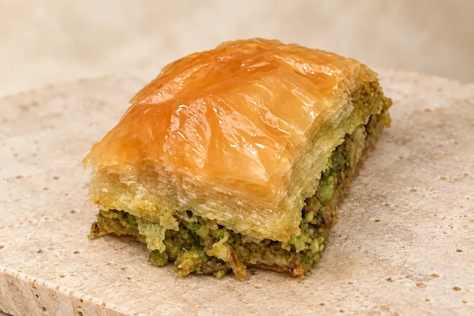 Grand Baklava dilimi, doğal taş sunumunda.