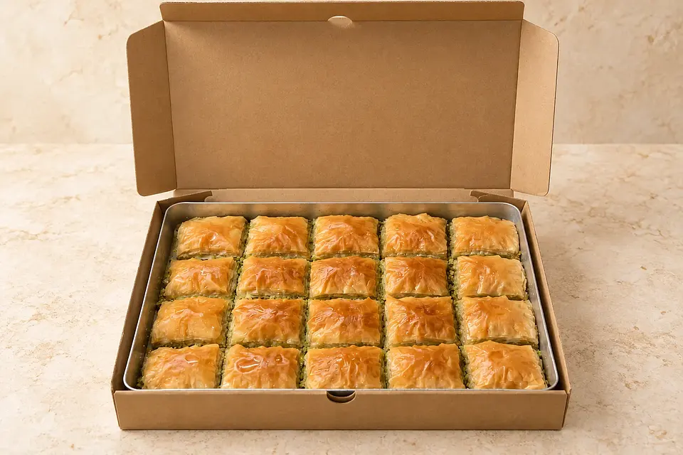 Açık karton teslimat kutusunda 20 dilimlik baklava tepsisi.