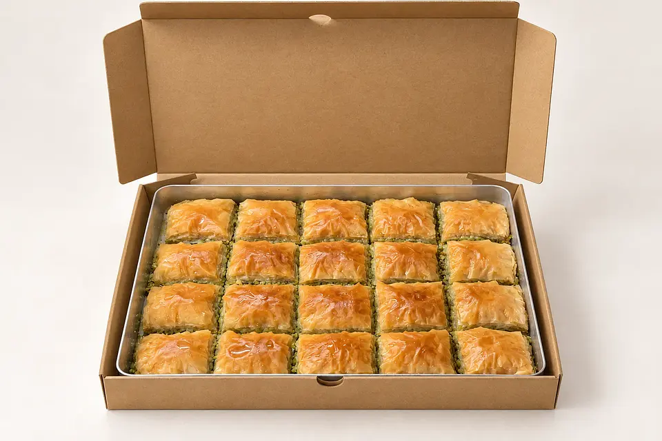 Karton teslimat kutusunda 35 × 25 cm baklava tepsisi.