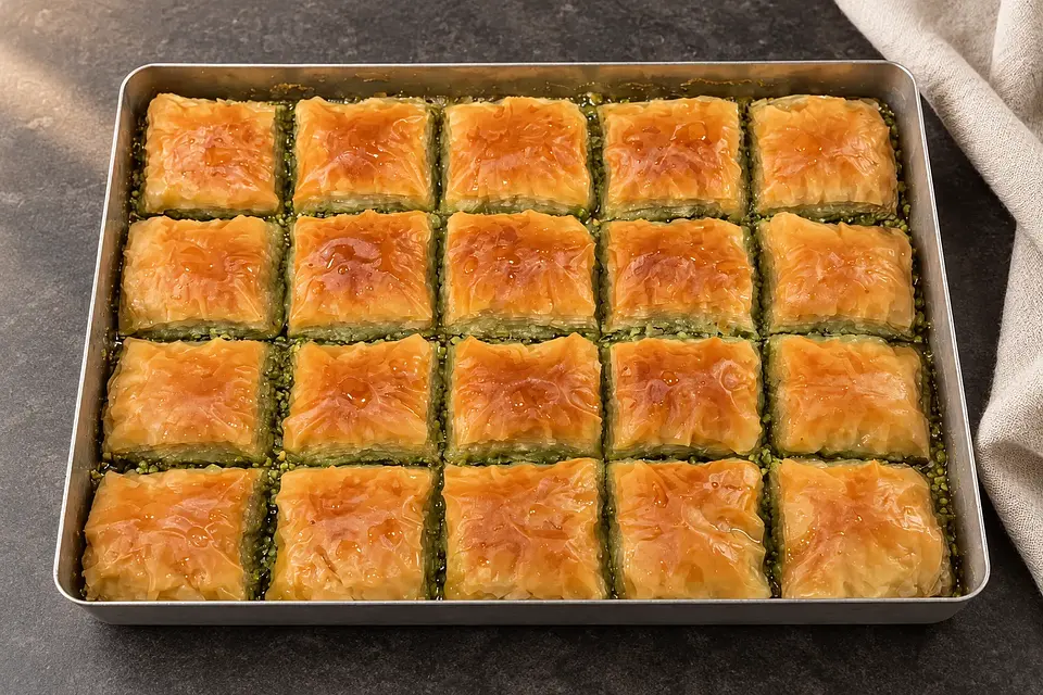 Koyu masa üzerinde 20 dilimlik baklava tepsisi.
